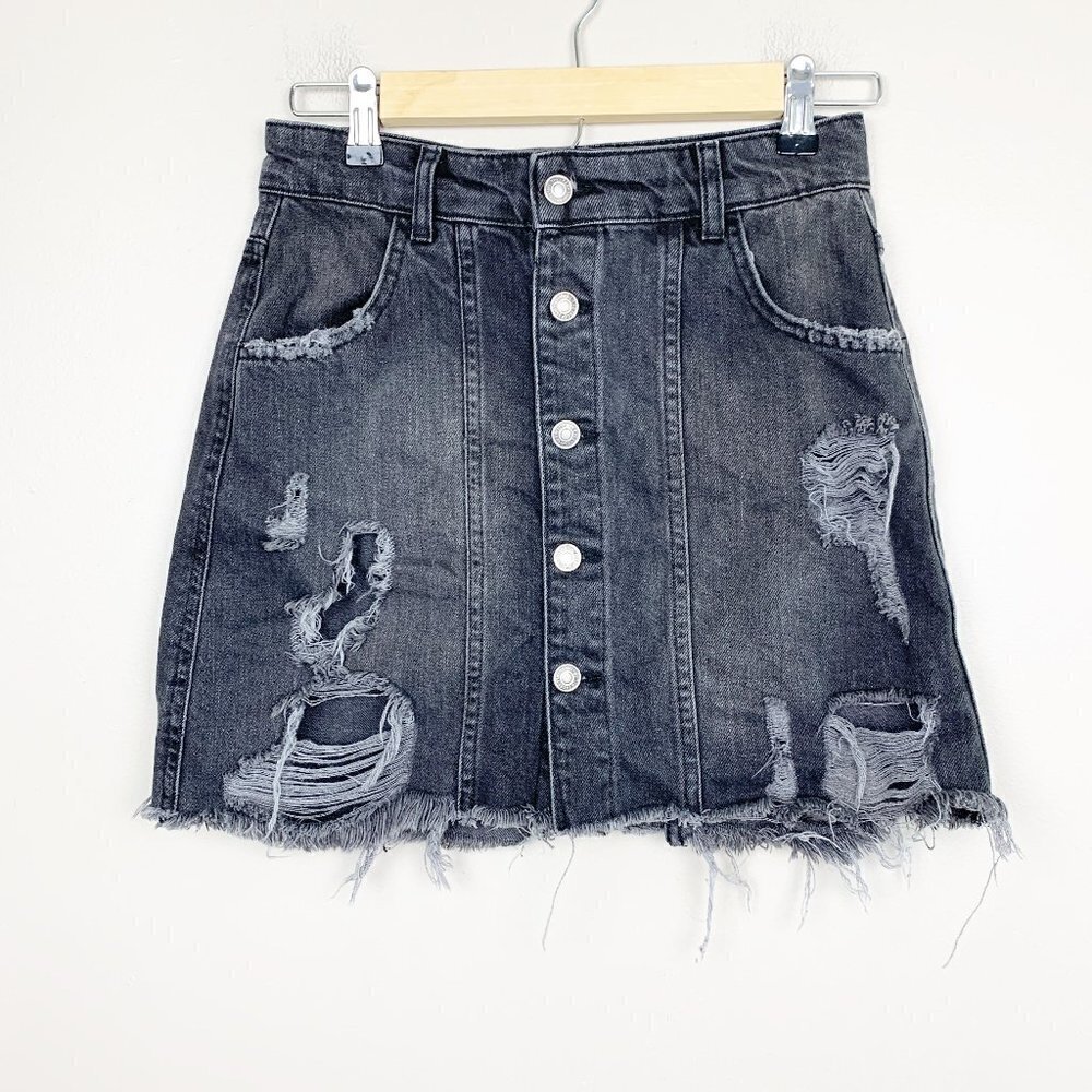 Free People Button Front A-line Black Jean Mini Skirt Size 2